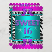 Sweet 16 Zebra Pink Aquamariner Lila Bow Fun Party Einladung (Vorne/Hinten)