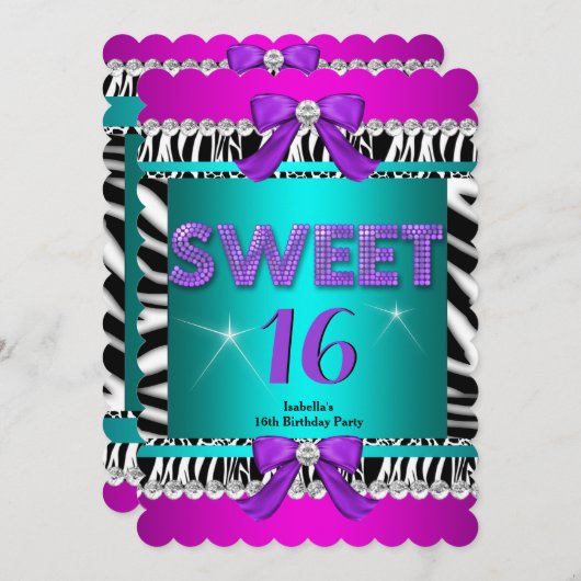 Sweet 16 Zebra Pink Aquamariner Lila Bow Fun Party Einladung (Vorne/Hinten)