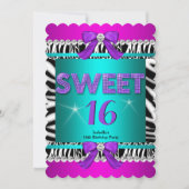 Sweet 16 Zebra Pink Aquamariner Lila Bow Fun Party Einladung (Vorderseite)