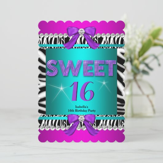 Sweet 16 Zebra Pink Aquamariner Lila Bow Fun Party Einladung (Stehend Vorderseite)