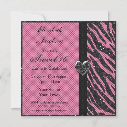 Sweet 16 Zebra Stripe Glitzer, Jewel & Bow Einladung (Rückseite)