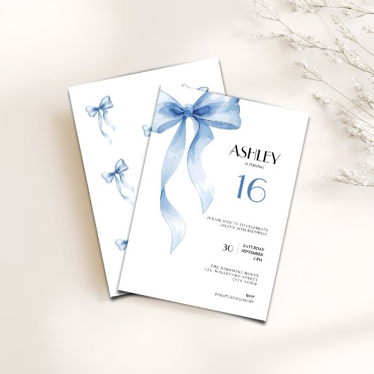 Sweet 16th Birthday Invitation Blue Bow for Girls Einladung