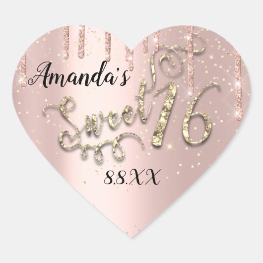 Sweet 16th Heart Glitzer Confetti Rose Tropfen Herz-Aufkleber (Vorderseite)
