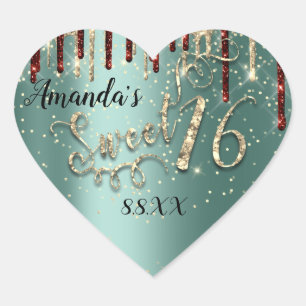Sweet 16th Heart Glitzer Gold Burgundy Tropfen Grü Herz-Aufkleber
