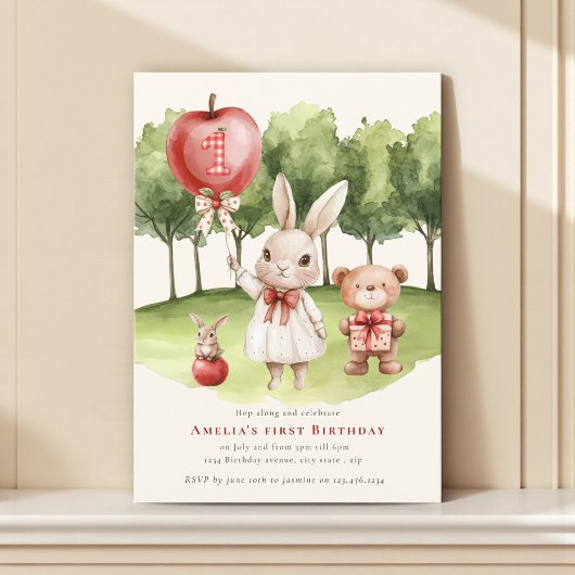 Sweet  1st Bunny Apple  Birthday Invitation Einladung