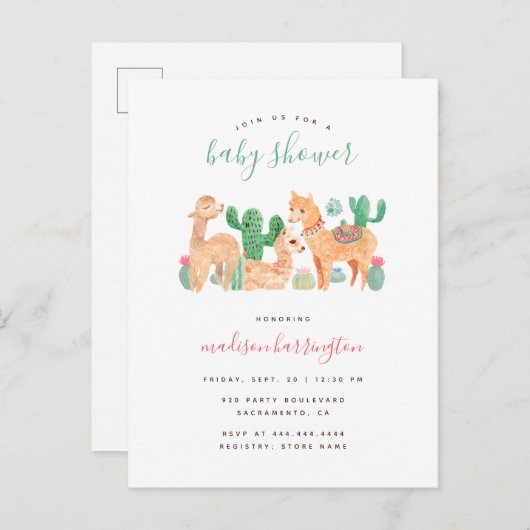 Sweet Alpaca Llama Cactus Boho Baby Shower Einladungspostkarte (Vorne/Hinten)