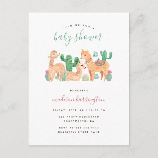 Sweet Alpaca Llama Cactus Boho Baby Shower Einladungspostkarte (Vorderseite)