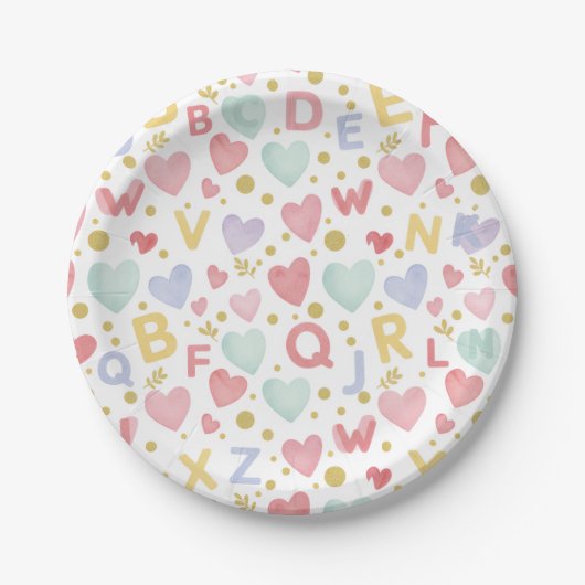 Sweet Alphabet & Hearts Watercolor Pappteller (Vorderseite)