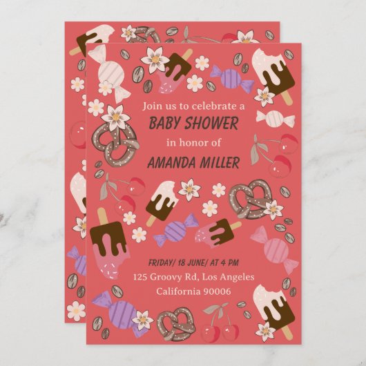 Sweet and Salty Baby Dusche Leckereien Rotes Muste Einladung (Vorne/Hinten)