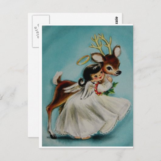 Sweet Angel Girl umarmt dekoratives Hirsch. Postkarte (Vorne/Hinten)