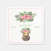 Sweet Animal Sloth Floral Pink Name Girly Birthday