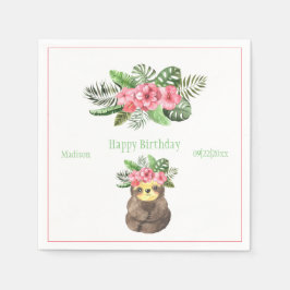 Sweet Animal Sloth Floral Pink Name Girly Birthday Serviette