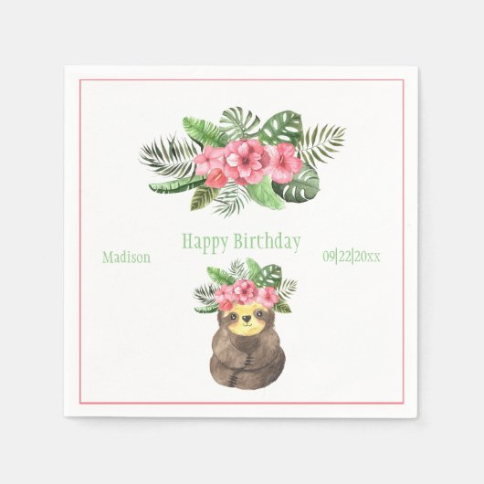 Sweet Animal Sloth Floral Pink Name Girly Birthday Serviette (Vorderseite)
