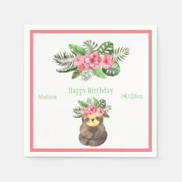 Sweet Animal Sloth Floral Pink Name Girly Birthday Serviette