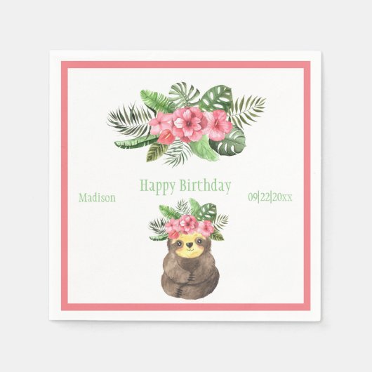 Sweet Animal Sloth Floral Pink Name Girly Birthday Serviette (Vorderseite)