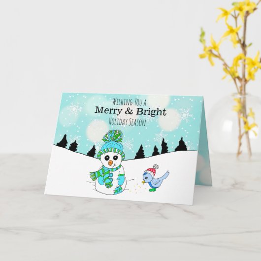 Sweet Aquamarin Snowman and bird Wintery Day Karte (Gelbe Blume)