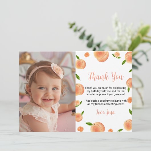 Sweet as a Peach Birthday Foto Danke Karte (Stehend Vorderseite)