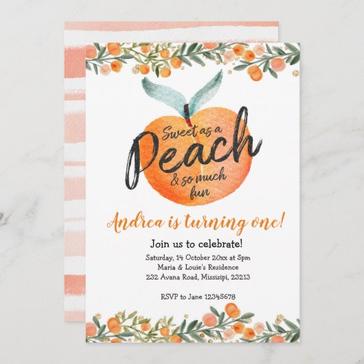 Sweet as a Peach First Birthday Einladung (Vorne/Hinten)
