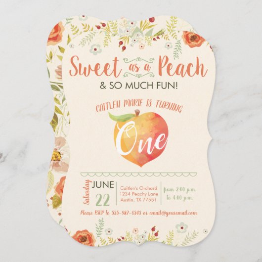 Sweet as a Peach First Birthday Einladung (Vorne/Hinten)