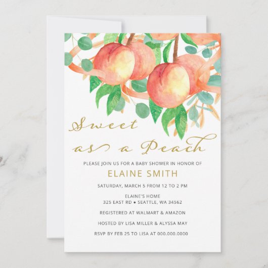 Sweet as a Peach Gender Neutral Baby Shower Einladung (Vorderseite)