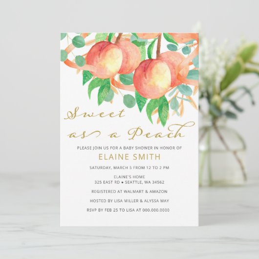 Sweet as a Peach Gender Neutral Baby Shower Einladung (Stehend Vorderseite)