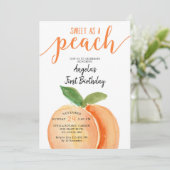 Sweet as a Peach Girl First Birthday Einladung (Stehend Vorderseite)
