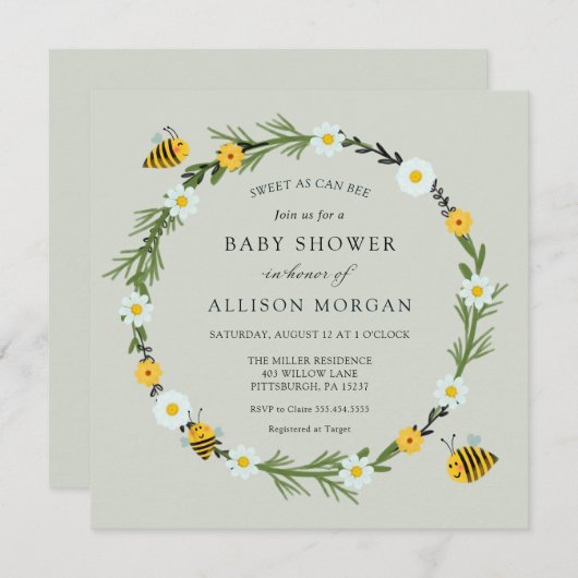 Sweet as Can Bee Baby Dusche Einladung (Vorne/Hinten)