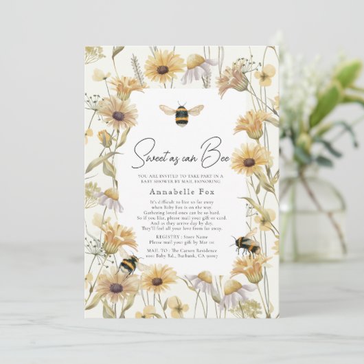 Sweet as can Bee Chamomile Baby Shower by Mail Einladung (Stehend Vorderseite)