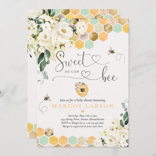 Sweet as can bee Greenery White Floral Baby Dusche Einladung (Vorne/Hinten)