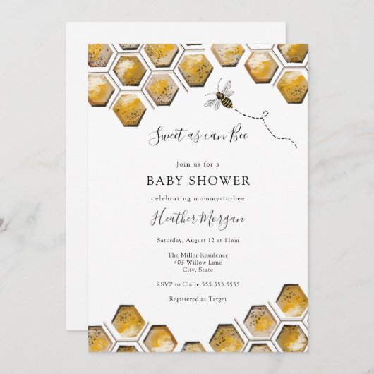 Sweet as can Bee Honeycomb Baby Shower Einladung (Vorne/Hinten)