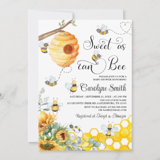Sweet as can Bee Sunflower Baby Shower Einladung (Vorderseite)