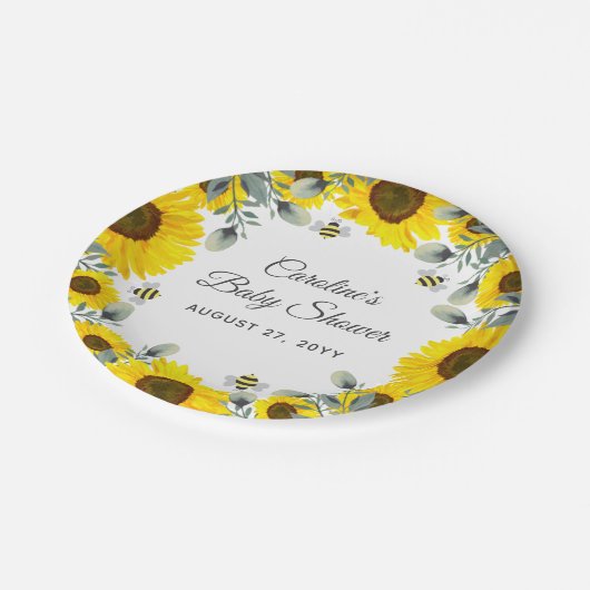 Sweet as can BEE Sunflowers Eucalyptus Baby Dusche Pappteller (Schrägansicht)