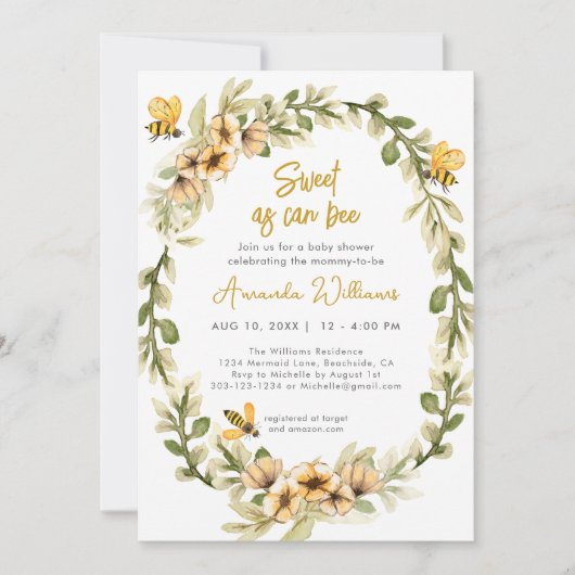 Sweet as can bee Watercolor Babydusche Einladung (Vorderseite)