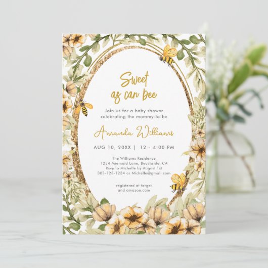 Sweet as can bee Watercolor Babydusche Einladung (Stehend Vorderseite)