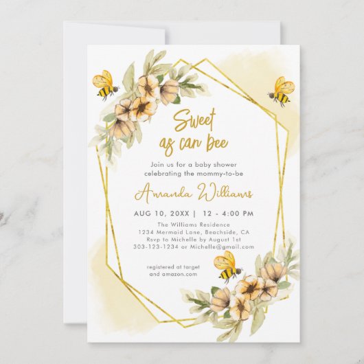 Sweet as can bee Watercolor Babydusche Einladung (Vorderseite)