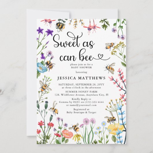 Sweet as can Bee' Wildblume BumbleBee Baby Dusche Einladung (Vorderseite)