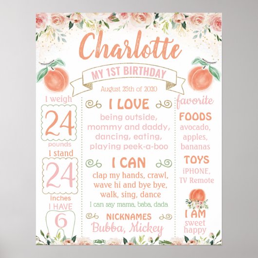 Sweet as peach Erster Geburtstag Meilenstein Zeich Poster (Vorne)