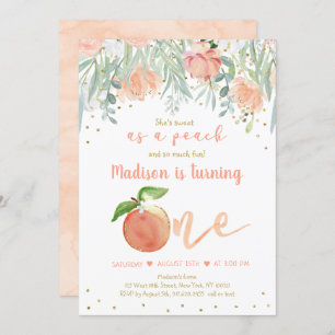 Sweet as Peach Floral Gold ersten Geburtstag Einladung