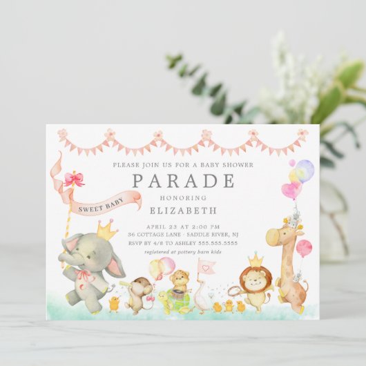 Sweet Baby Animals Parade Kinderdusche Einladung (Stehend Vorderseite)
