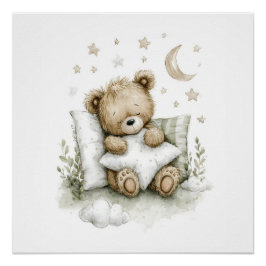 Sweet baby bear fast asleep on fluffy clouds poster