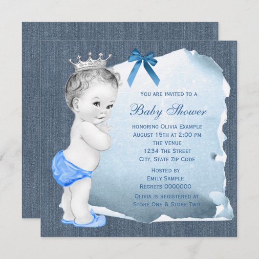 Sweet Baby Boy Blue Denim Baby Dusche Einladung (Vorne/Hinten)