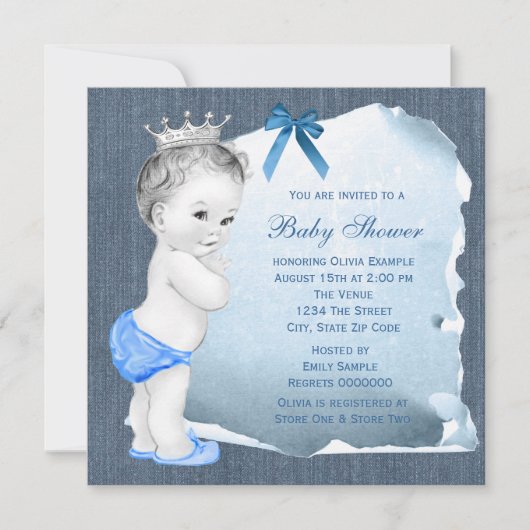Sweet Baby Boy Blue Denim Baby Dusche Einladung (Vorderseite)