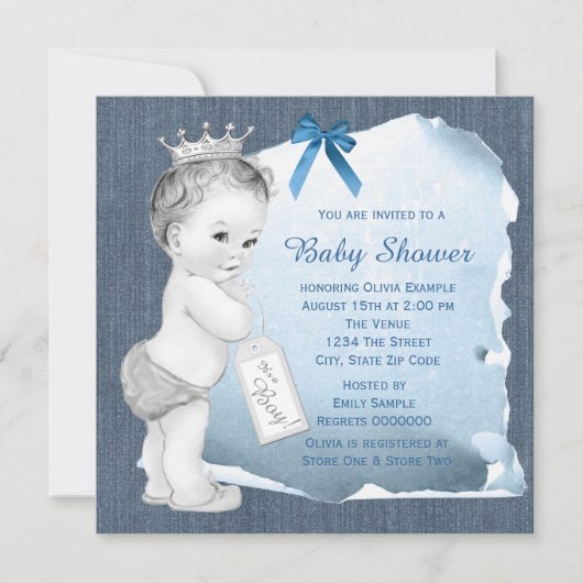 Sweet Baby Boy Blue Denim Baby Dusche Einladung (Vorderseite)