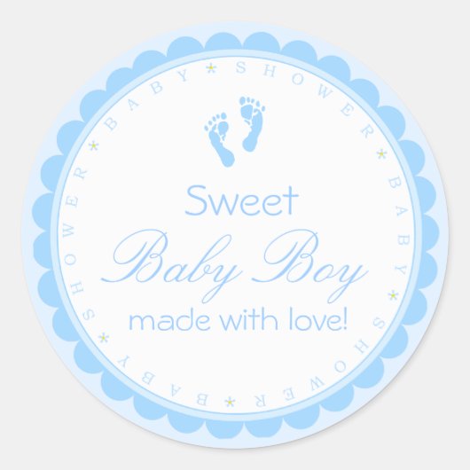 Sweet Baby Boy Blue Footprints Baby Dusche Runder Aufkleber (Vorderseite)
