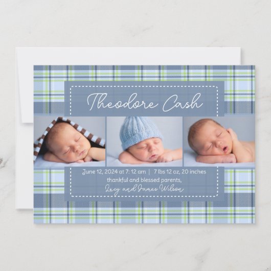 Sweet Baby Boy Kariert Baby Birth Ankündigung (Vorderseite)