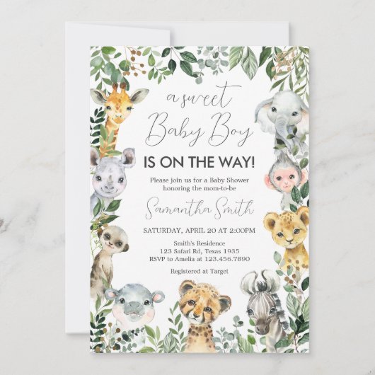 Sweet Baby Boy Safari Baby Dusche Einladung (Vorderseite)