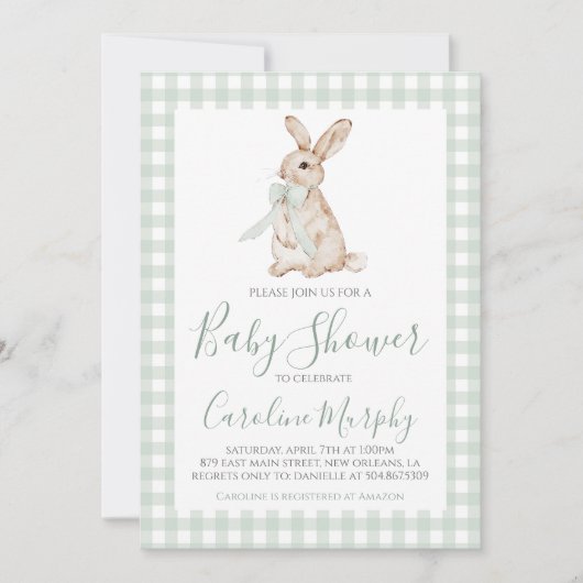 Sweet Baby Dusche Bunny Rabbit Green Gingham Einladung (Vorderseite)