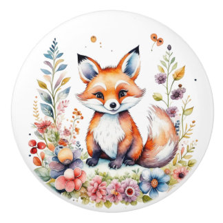 Sweet Baby Fox with Flowers Woodland Creatures Keramikknauf