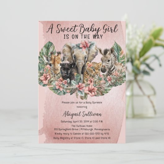 Sweet Baby Girals Tropical Safari Sprinkle Einladung (Stehend Vorderseite)