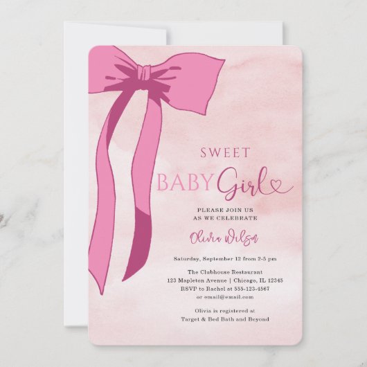 Sweet Baby Girl Blush Pink Bow Baby Dusche Einladung (Vorderseite)